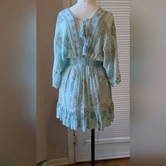 Chic Light Blue V-Neck Mini Dress - Picture 3 of 6